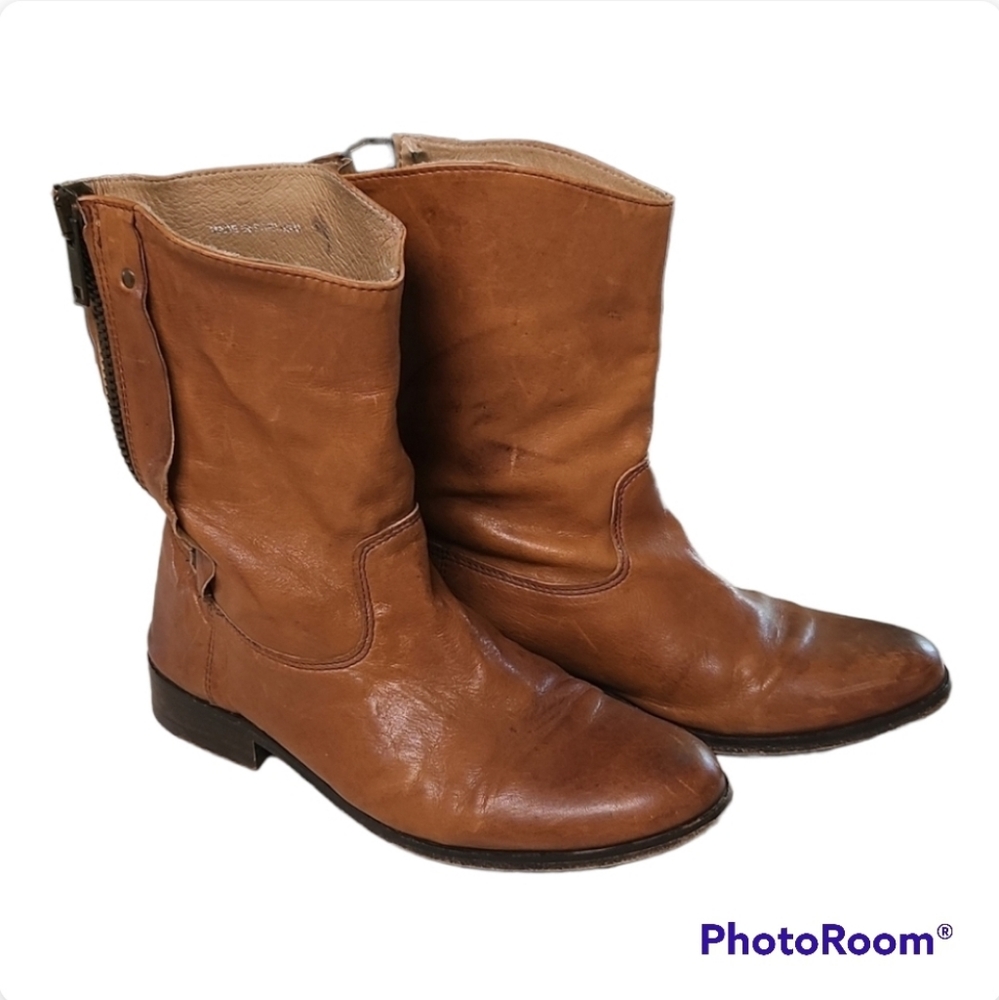 J Litvack Zipper Leather Moto Boots Chestnut Brown Made in Portugal 38.5 US8.5